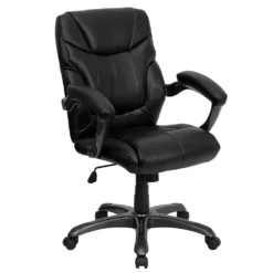 Emma And Oliver Mid-Back Black LeatherSoft Overstuffed Task Ergonomic Office Chair With Arms