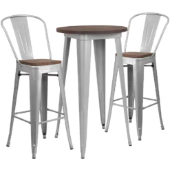 Emma And Oliver 24" Round Silver Metal/Wood Bar Table Set - 2 Stools