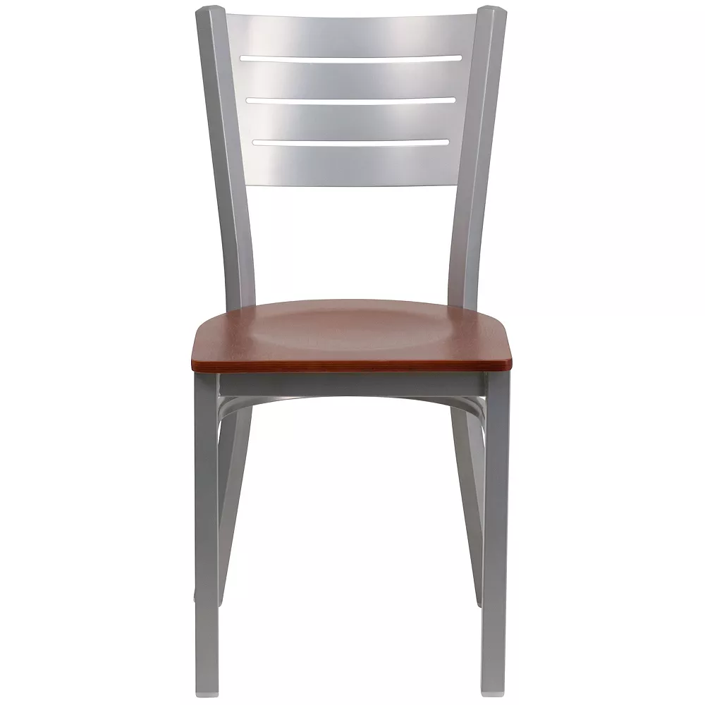 Emma And Oliver Silver Slat Back Metal Restaurant Chair - Mahogany Wood Seat 5 Emma And Oliver Silver Slat Back Metal Restaurant Chair - Mahogany Wood Seat - Image 3