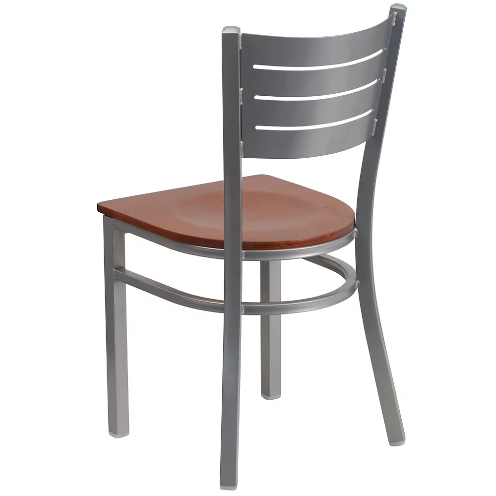 Emma And Oliver Silver Slat Back Metal Restaurant Chair - Mahogany Wood Seat 6 Emma And Oliver Silver Slat Back Metal Restaurant Chair - Mahogany Wood Seat - Image 4