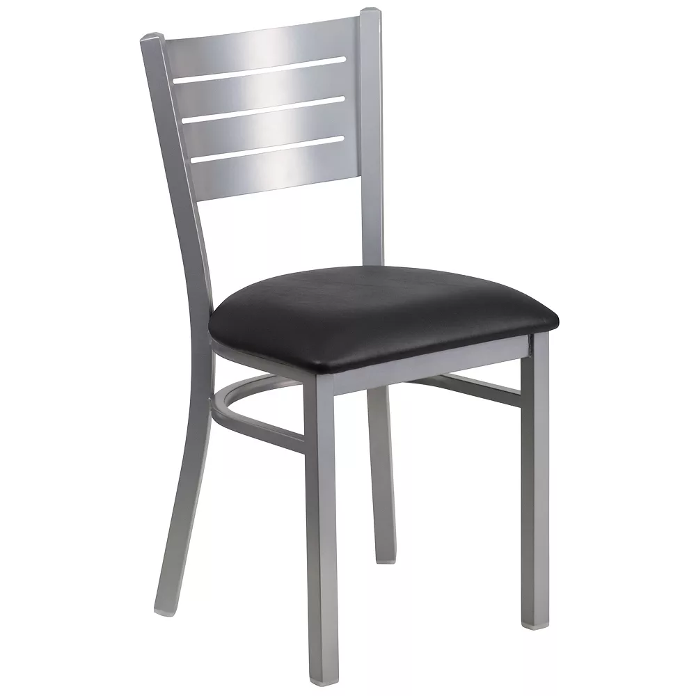Emma And Oliver Silver Slat Back Metal Restaurant Chair - Mahogany Wood Seat 3 Emma And Oliver Silver Slat Back Metal Restaurant Chair - Mahogany Wood Seat