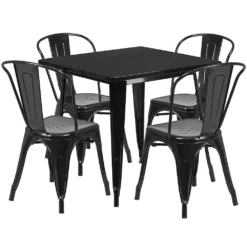 Emma And Oliver Commercial 31.5" Square White Metal Indoor-Outdoor Table Set-4 Stack Chairs