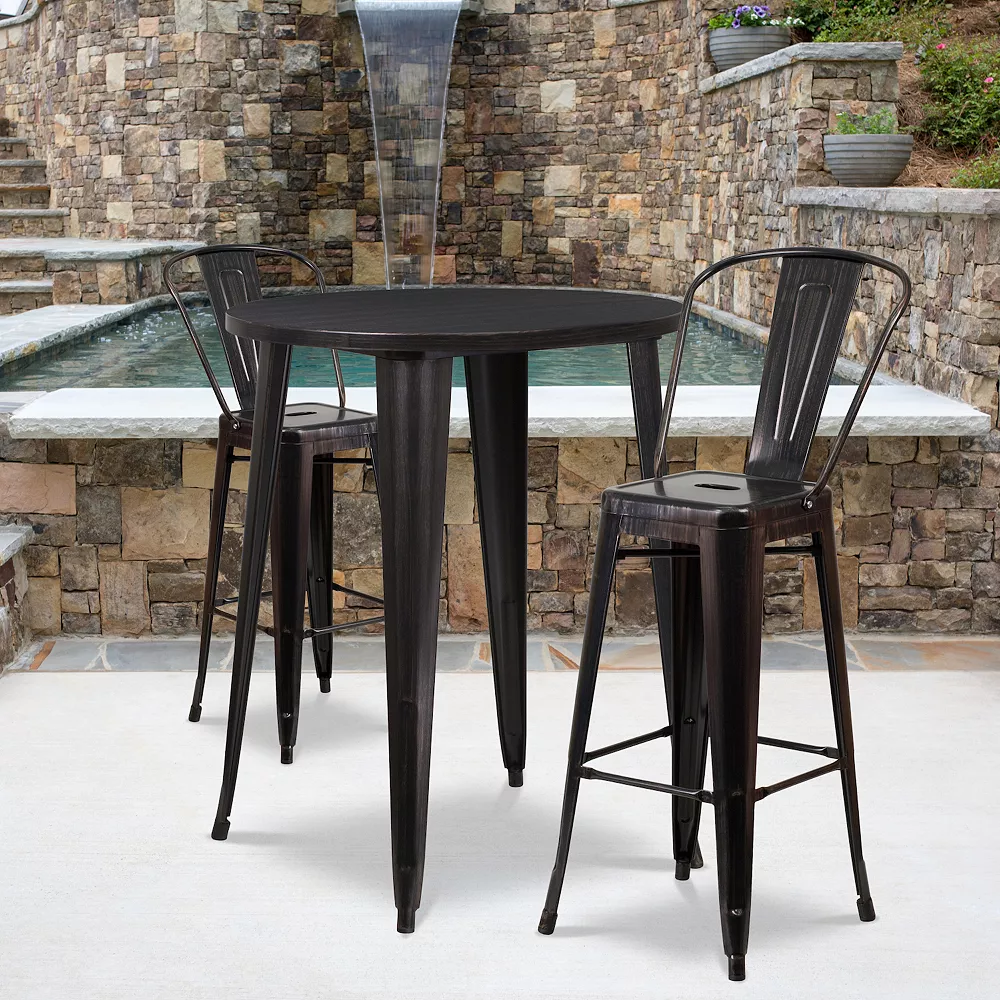 Emma And Oliver Commercial Grade 30" Round Antique Metal Bar Table Set-2 Cafe Stools 4 Emma And Oliver Commercial Grade 30" Round Antique Metal Bar Table Set-2 Cafe Stools - Image 2