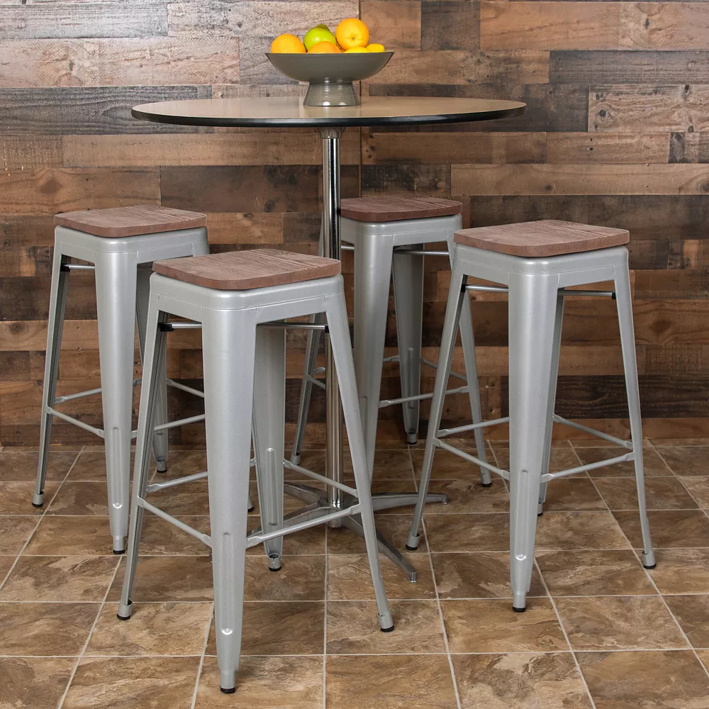 Emma And Oliver 30" High Metal Indoor Bar Stool With Wood Seat In Teal - Stackable Set Of 4 4 Emma And Oliver 30" High Metal Indoor Bar Stool With Wood Seat In Teal - Stackable Set Of 4 - Image 2