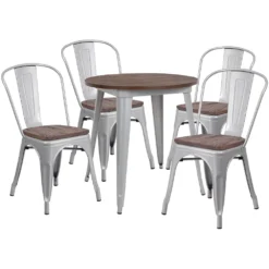 Emma And Oliver 26" Round Silver Metal/Wood Table Set - 4 Stack Chairs