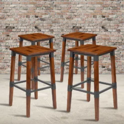 Emma And Oliver 4 Pack Commercial Grade Rustic Walnut Industrial Style Backless Wood Barstool -Home furnishings 5972393 ALT