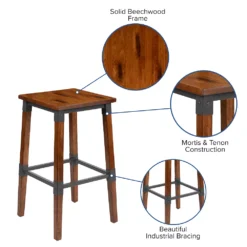 Emma And Oliver 4 Pack Commercial Grade Rustic Walnut Industrial Style Backless Wood Barstool -Home furnishings 5972393 ALT2