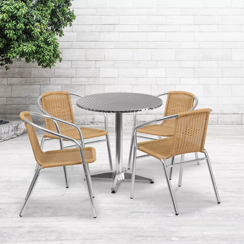 Emma And Oliver 27.5" Round Aluminum Table Set-4 Black Rattan Chairs 4 Emma And Oliver 27.5" Round Aluminum Table Set-4 Black Rattan Chairs - Image 2