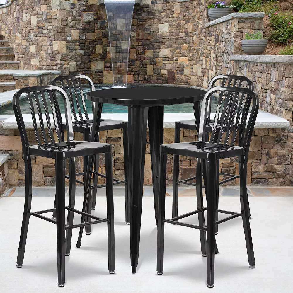 Emma And Oliver Commercial 30" Round Silver Metal Bar Table Set-4 Vertical Slat Back Stools 4 Emma And Oliver Commercial 30" Round Silver Metal Bar Table Set-4 Vertical Slat Back Stools - Image 2