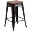 Emma And Oliver 24"H Backless Blue Metal Counter Height Stool With Wood Seat