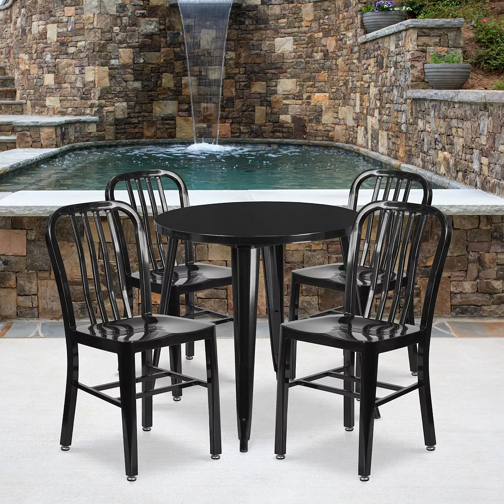 Emma And Oliver Commercial Grade 30" Round Black Metal Table Set-4 Vertical Slat Back Chairs 4 Emma And Oliver Commercial Grade 30" Round Black Metal Table Set-4 Vertical Slat Back Chairs - Image 2