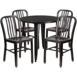 Emma And Oliver Commercial Grade 30" Round Black Metal Table Set-4 Vertical Slat Back Chairs