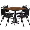Emma And Oliver 36"SQ Mahogany Laminate Table Set-X-Base & 4 Black Banquet Chairs