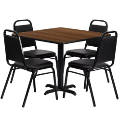 Emma And Oliver 36"SQ Mahogany Laminate Table Set-X-Base & 4 Black Banquet Chairs