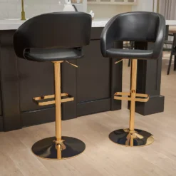 Emma And Oliver 2PK Black Vinyl Adjustable Height Barstool With Rounded Mid-Back And Gold Base -Home furnishings 5972885 ALT