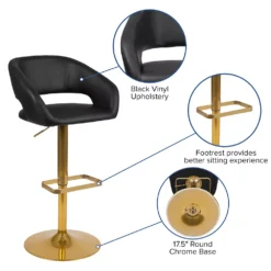 Emma And Oliver 2PK Black Vinyl Adjustable Height Barstool With Rounded Mid-Back And Gold Base -Home furnishings 5972885 ALT2