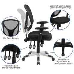 Emma And Oliver Mid-Back Black Mesh Multifunction Swivel Ergonomic Task Office Chair - Arms -Home furnishings 5972889 ALT2