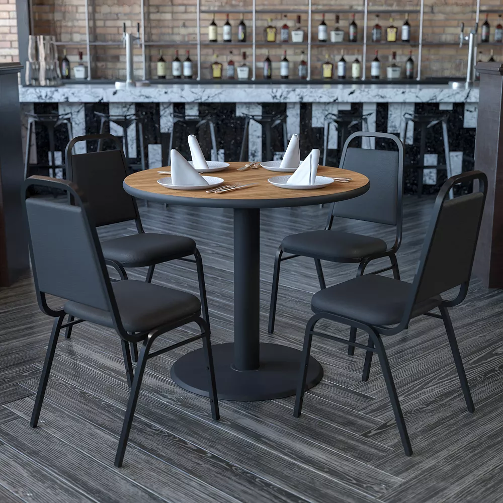 Emma And Oliver 36"RD Natural Laminate Table Set-X-Base & 4 Black Banquet Chairs 4 Emma And Oliver 36"RD Natural Laminate Table Set-X-Base & 4 Black Banquet Chairs - Image 2