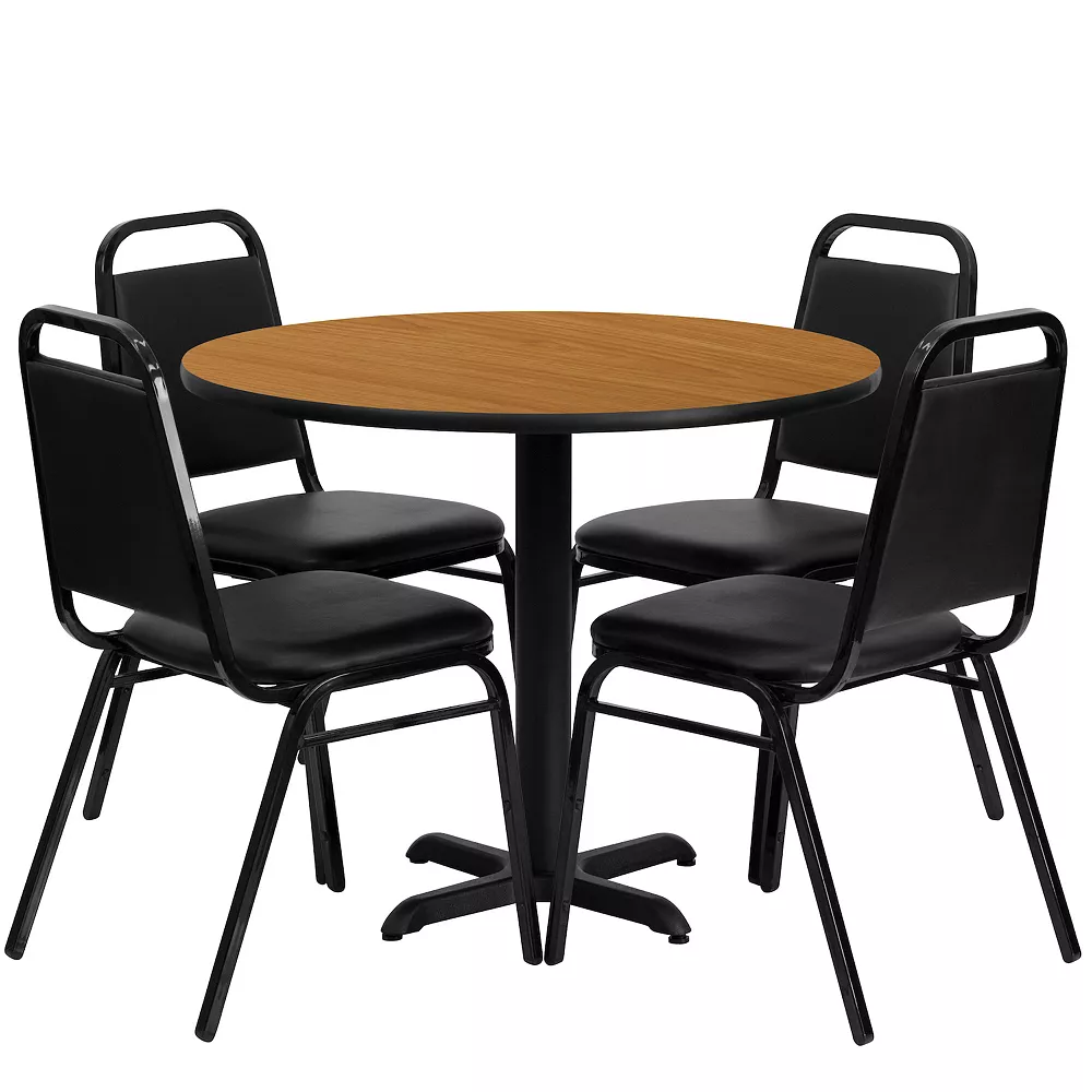 Emma And Oliver 36"RD Natural Laminate Table Set-X-Base & 4 Black Banquet Chairs 3 Emma And Oliver 36"RD Natural Laminate Table Set-X-Base & 4 Black Banquet Chairs