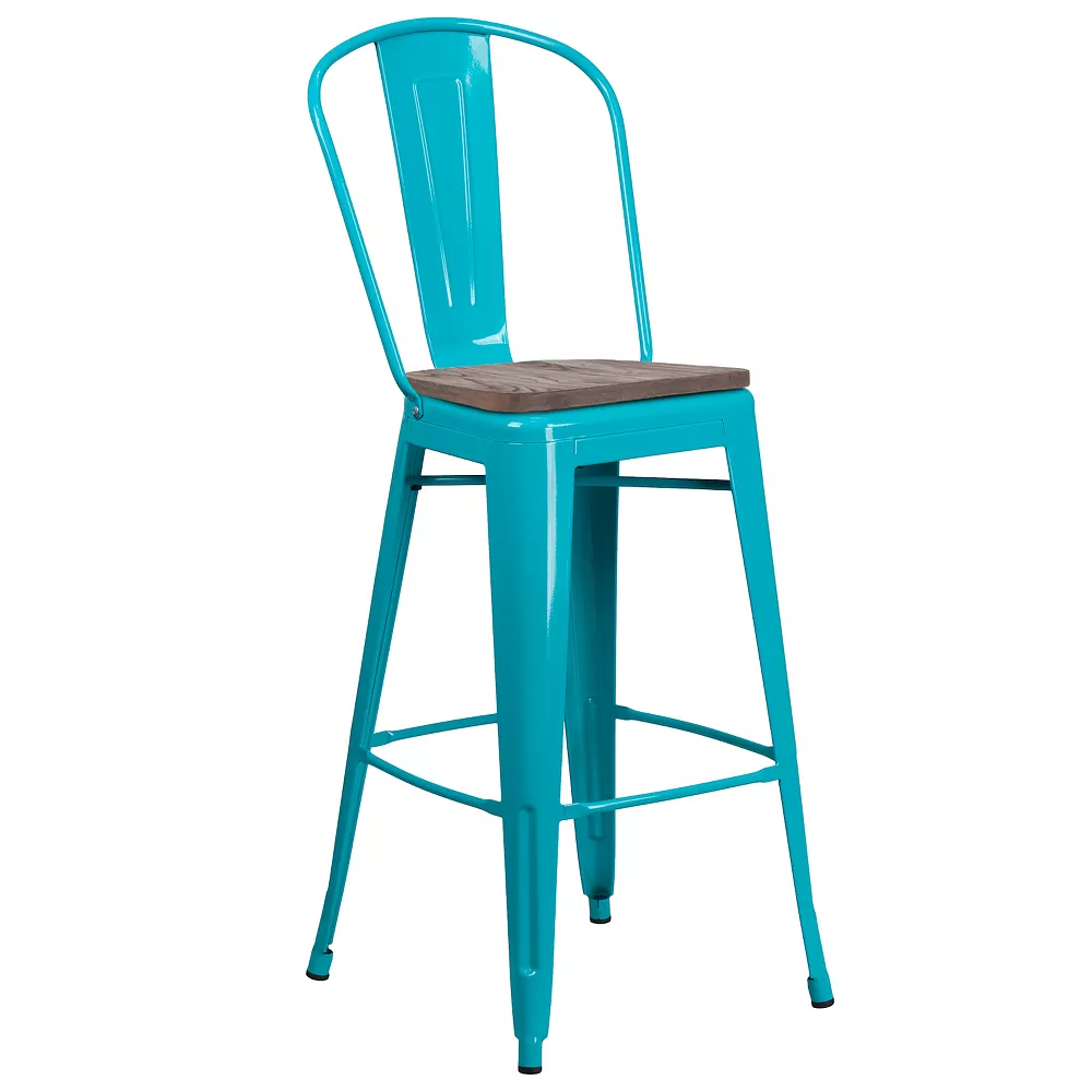 Emma And Oliver 30"H Purple Metal Barstool With Back And Wood Seat 3 Emma And Oliver 30"H Purple Metal Barstool With Back And Wood Seat