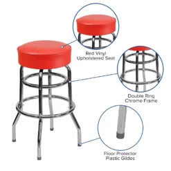 Emma And Oliver Double Ring Chrome Barstool With Red Seat -Home furnishings 5972951 ALT2