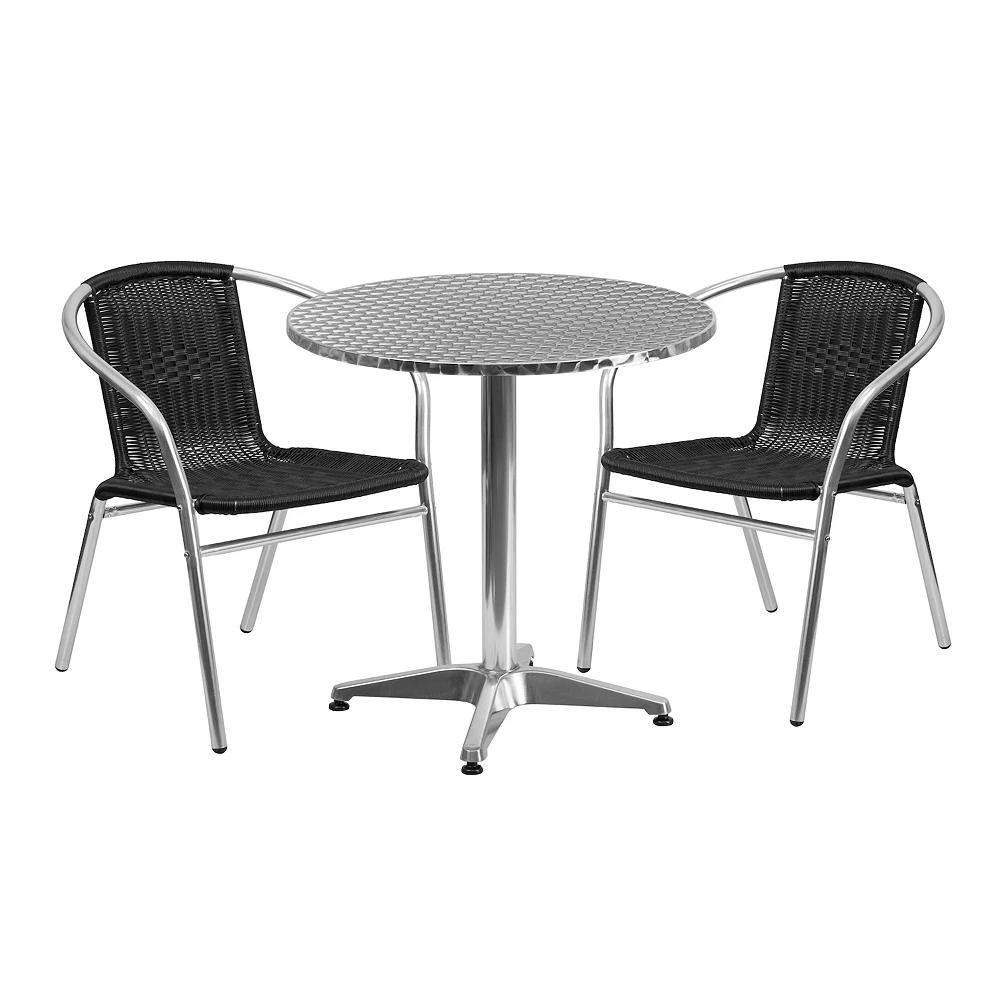Emma And Oliver 27.5" Round Aluminum Table Set-2 Black Rattan Chairs 3 Emma And Oliver 27.5" Round Aluminum Table Set-2 Black Rattan Chairs
