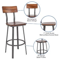 Emma And Oliver Rustic Walnut Dining Barstool With Wood Back/Seat & Gray Frame -Home furnishings 5972960 ALT2