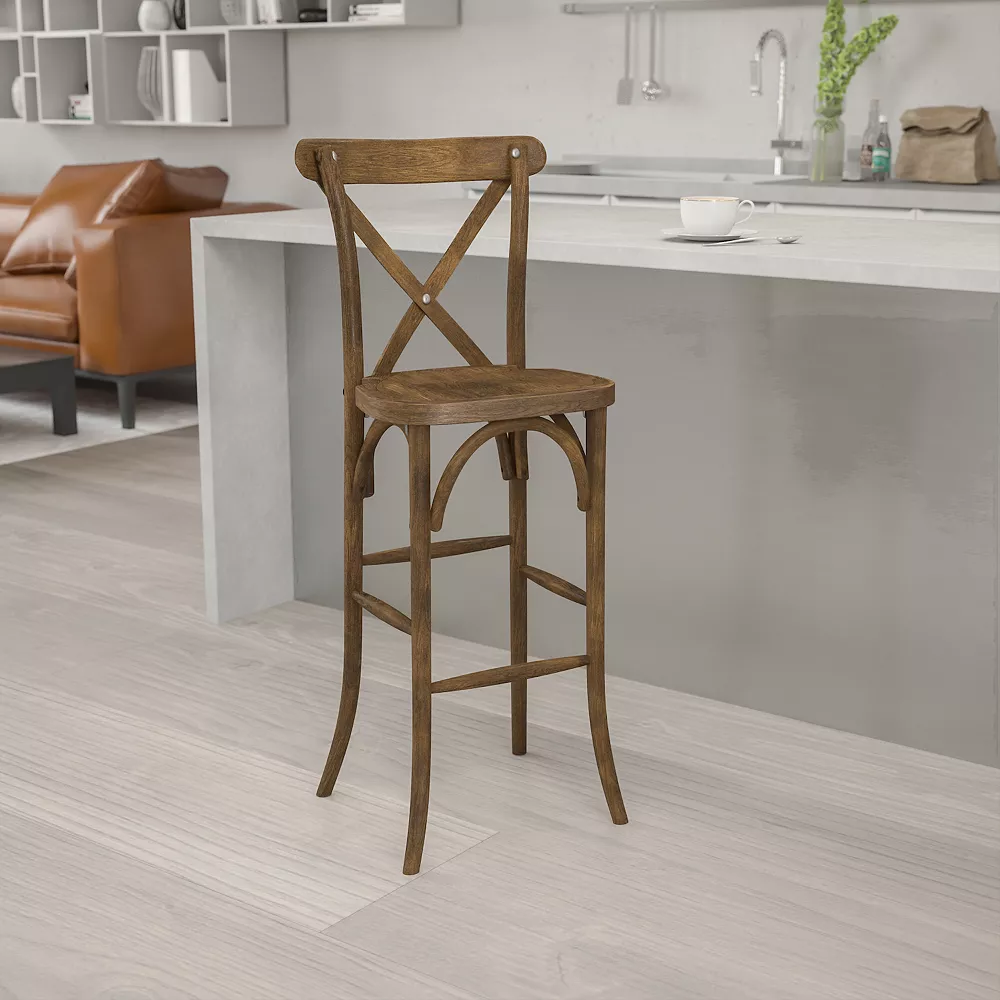 Emma And Oliver Dark Antique Wood Cross Back Barstool 4 Emma And Oliver Dark Antique Wood Cross Back Barstool - Image 2