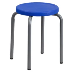 Emma And Oliver Stackable Stool With Blue Seat And Silver Powder Coated Frame