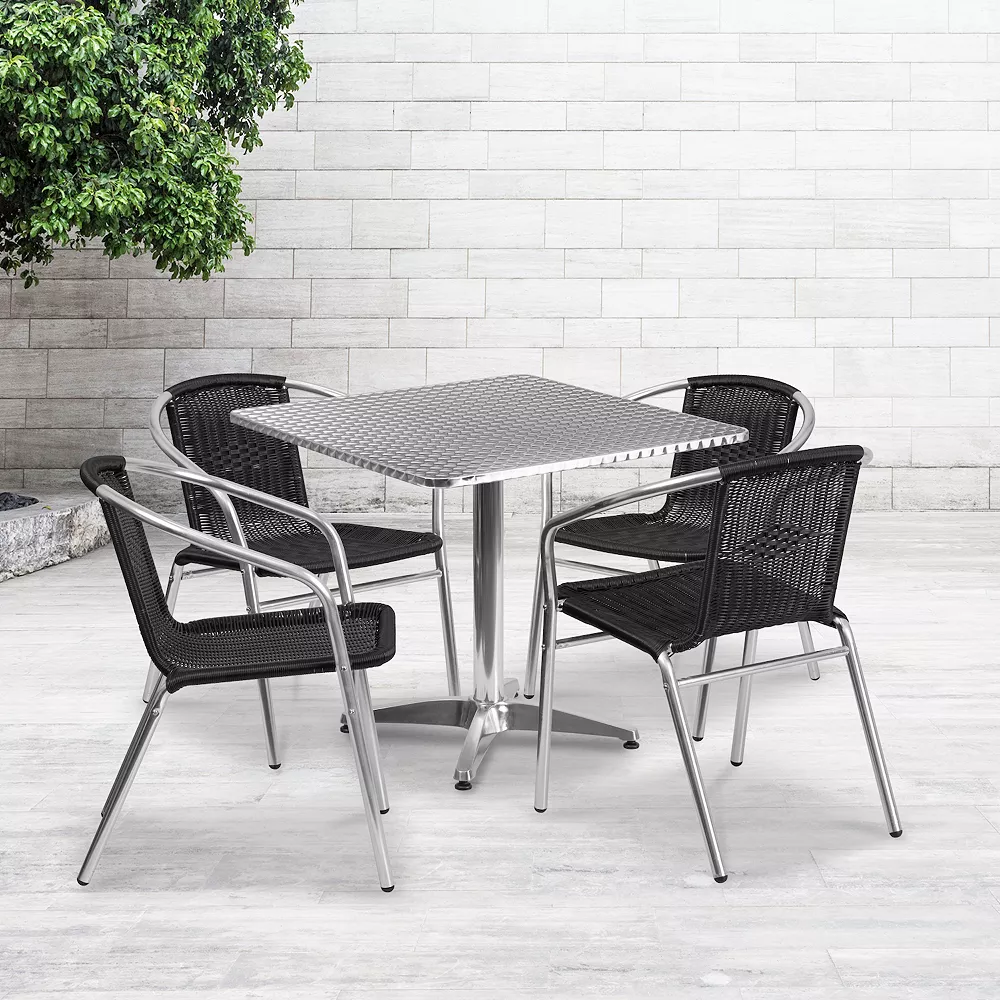 Emma And Oliver 31.5" Square Aluminum Table Set-4 Black Rattan Chairs 4 Emma And Oliver 31.5" Square Aluminum Table Set-4 Black Rattan Chairs - Image 2