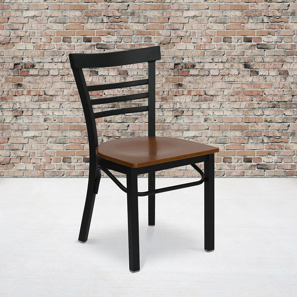 Emma And Oliver Black Three-Slat Ladder Back Metal Dining Chair - Cherry Wood Seat 4 Emma And Oliver Black Three-Slat Ladder Back Metal Dining Chair - Cherry Wood Seat - Image 2