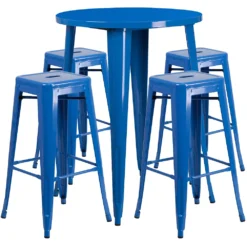 Emma And Oliver Commercial Grade 30" Round Antique Metal Bar Table Set-4 Backless Stools