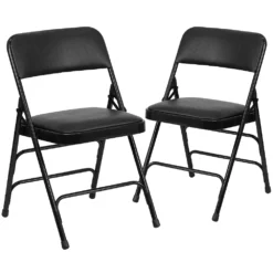 Emma And Oliver 2 Pack Curved Triple Braced Black Vinyl Metal Folding Chair