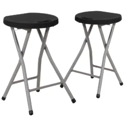 Emma And Oliver 2 Pack Foldable Portable Stool With Black Plastic Seat And Titanium Gray Frame