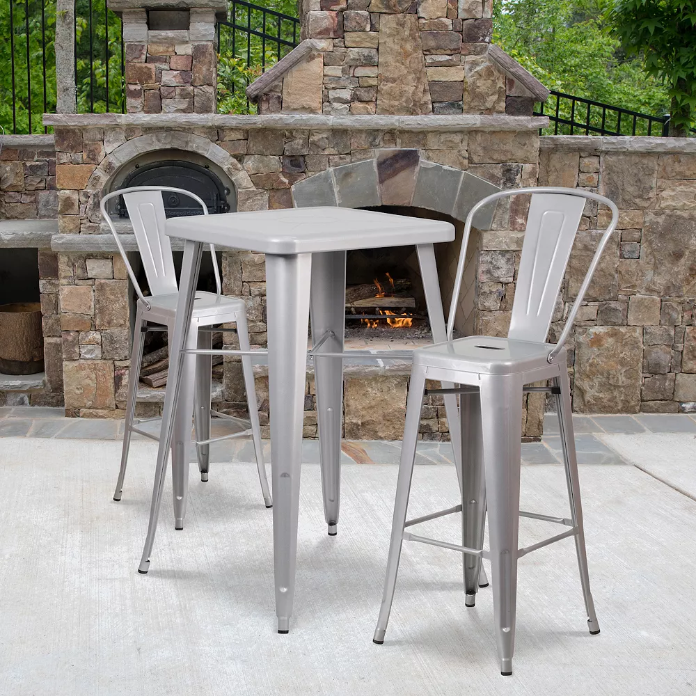 Emma And Oliver Commercial 23.75SQ Silver Metal Indoor-Outdoor Bar Table Set-2 Stools-Backs 4 Emma And Oliver Commercial 23.75SQ Silver Metal Indoor-Outdoor Bar Table Set-2 Stools-Backs - Image 2