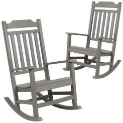 Emma And Oliver Set Of 2 Teal All-Weather Poly Resin Faux Wood Rocking Chairs For Porch &Patio
