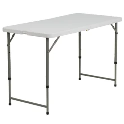 Emma And Oliver 4-Foot Height Adjustable Bi-Fold White Plastic Folding Table W/ Handle