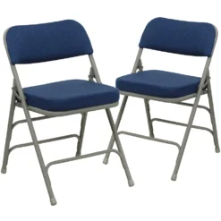 Emma And Oliver 2 Pack Curved Triple Braced & Double Hinged Navy Fabric Metal Folding Chair