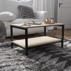 Emma And Oliver Sylvan Minimalist Industrial Driftwood Finished Engineered Wood Coffee Table With Black Steel Tube Frame And Lower Storage Shelf -Home furnishings 5978236 ALT2