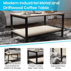 Emma And Oliver Sylvan Minimalist Industrial Driftwood Finished Engineered Wood Coffee Table With Black Steel Tube Frame And Lower Storage Shelf -Home furnishings 5978236 ALT3