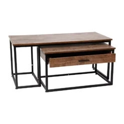 Emma And Oliver Milana Two Piece Modern Industrial Style Nesting Coffee Table Set With Storage Drawer In Walnut Finish With Black Steel Tube Frame