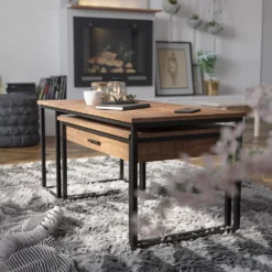 Emma And Oliver Milana Two Piece Modern Industrial Style Nesting Coffee Table Set With Storage Drawer In Walnut Finish With Black Steel Tube Frame -Home furnishings 5978253 ALT2