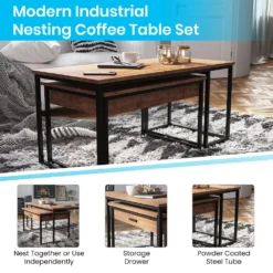 Emma And Oliver Milana Two Piece Modern Industrial Style Nesting Coffee Table Set With Storage Drawer In Walnut Finish With Black Steel Tube Frame -Home furnishings 5978253 ALT3