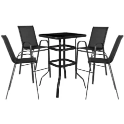 Emma And Oliver 5 Piece Outdoor Bar Height Set-Glass Patio Bar Table-Navy All-Weather Barstools