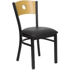 Emma And Oliver Black Circle Back Metal Dining Chair/Natural Wood Back, Black Seat