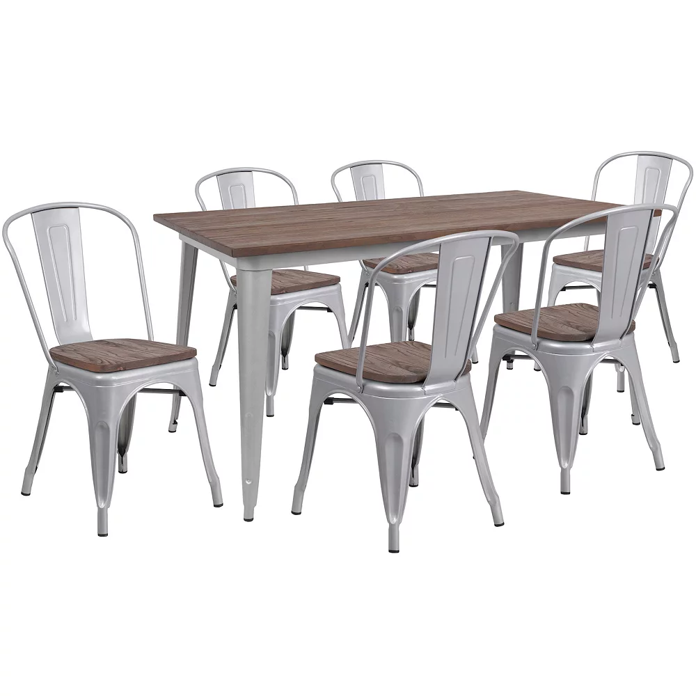 Emma And Oliver 30.25" X 60" Black Metal/Wood Table Set - 6 Stack Chairs 3 Emma And Oliver 30.25" X 60" Black Metal/Wood Table Set - 6 Stack Chairs