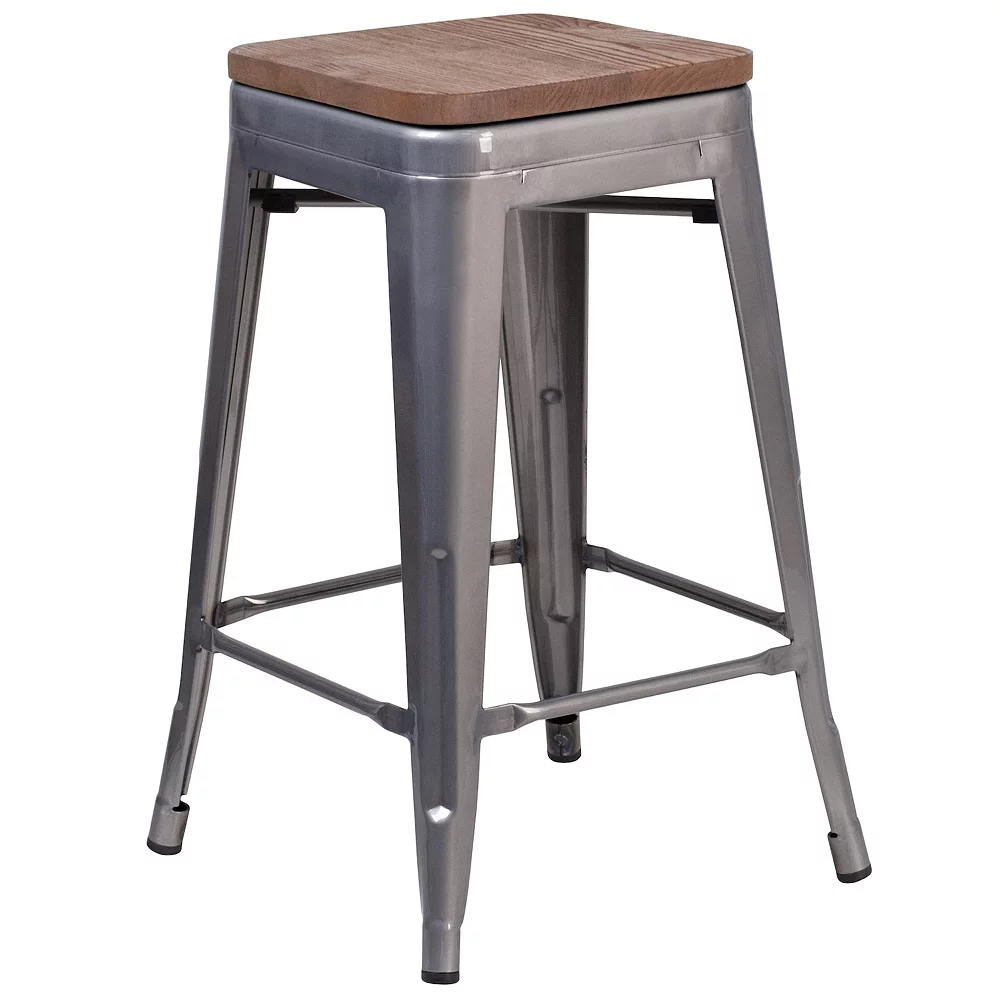 Emma And Oliver 24"H Backless Clear Coated Metal Counter Stool With Wood Seat 3 Emma And Oliver 24"H Backless Clear Coated Metal Counter Stool With Wood Seat