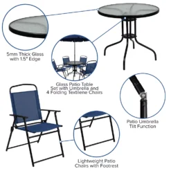 Emma And Oliver 6 Piece Black Patio Garden Set With Umbrella Table And Set Of 4 Folding Chairs -Home furnishings 5978353 ALT2
