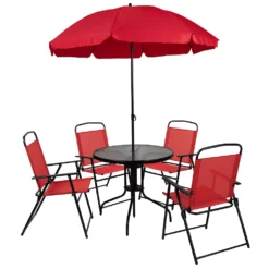 Emma And Oliver 6 Piece Black Patio Garden Set With Umbrella Table And Set Of 4 Folding Chairs