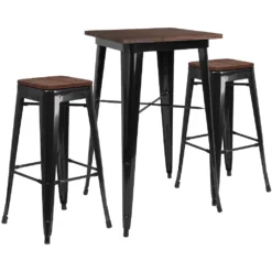 Emma And Oliver 23.5" Square Silver Metal/Wood Bar Table Set - 2 Backless Stools